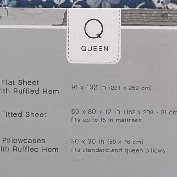 The FARMHOUSE Shabby Chic RUFFLED BLUE PINK FLORAL QUEEN Sheet Set  (BLUE BKGD) - Picture 5 of 8